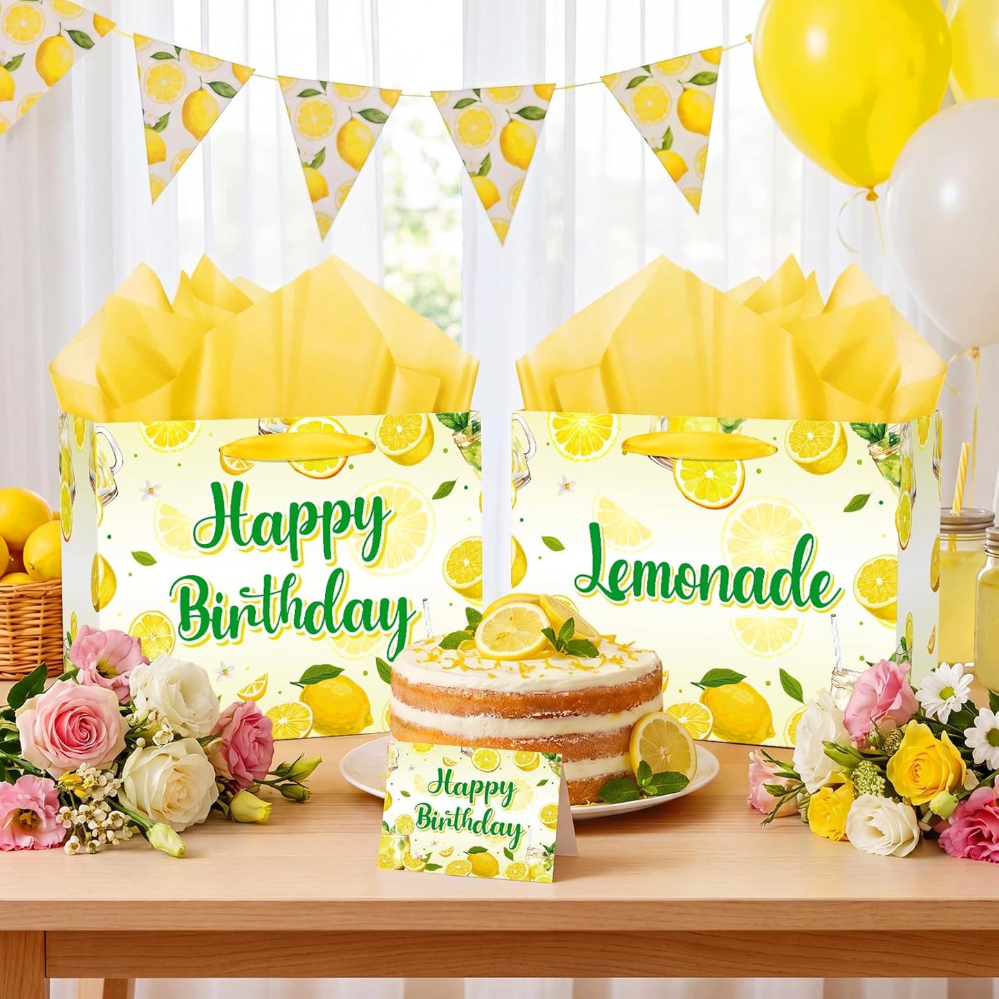 Lemon Happy Birthday Gift Bag Yellow Lemons Theme Party Wrapping with Tissue Paper and Card Decorations for Kids Adult Summer Fruit Birthday Baby Shower Lemonade Party Favors Gift Wrap Bag Supplies