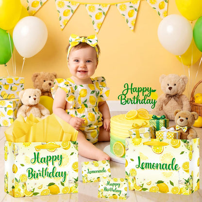 Lemon Happy Birthday Gift Bag Yellow Lemons Theme Party Wrapping with Tissue Paper and Card Decorations for Kids Adult Summer Fruit Birthday Baby Shower Lemonade Party Favors Gift Wrap Bag Supplies