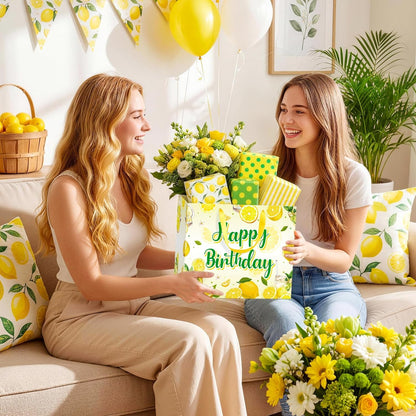 Lemon Happy Birthday Gift Bag Yellow Lemons Theme Party Wrapping with Tissue Paper and Card Decorations for Kids Adult Summer Fruit Birthday Baby Shower Lemonade Party Favors Gift Wrap Bag Supplies