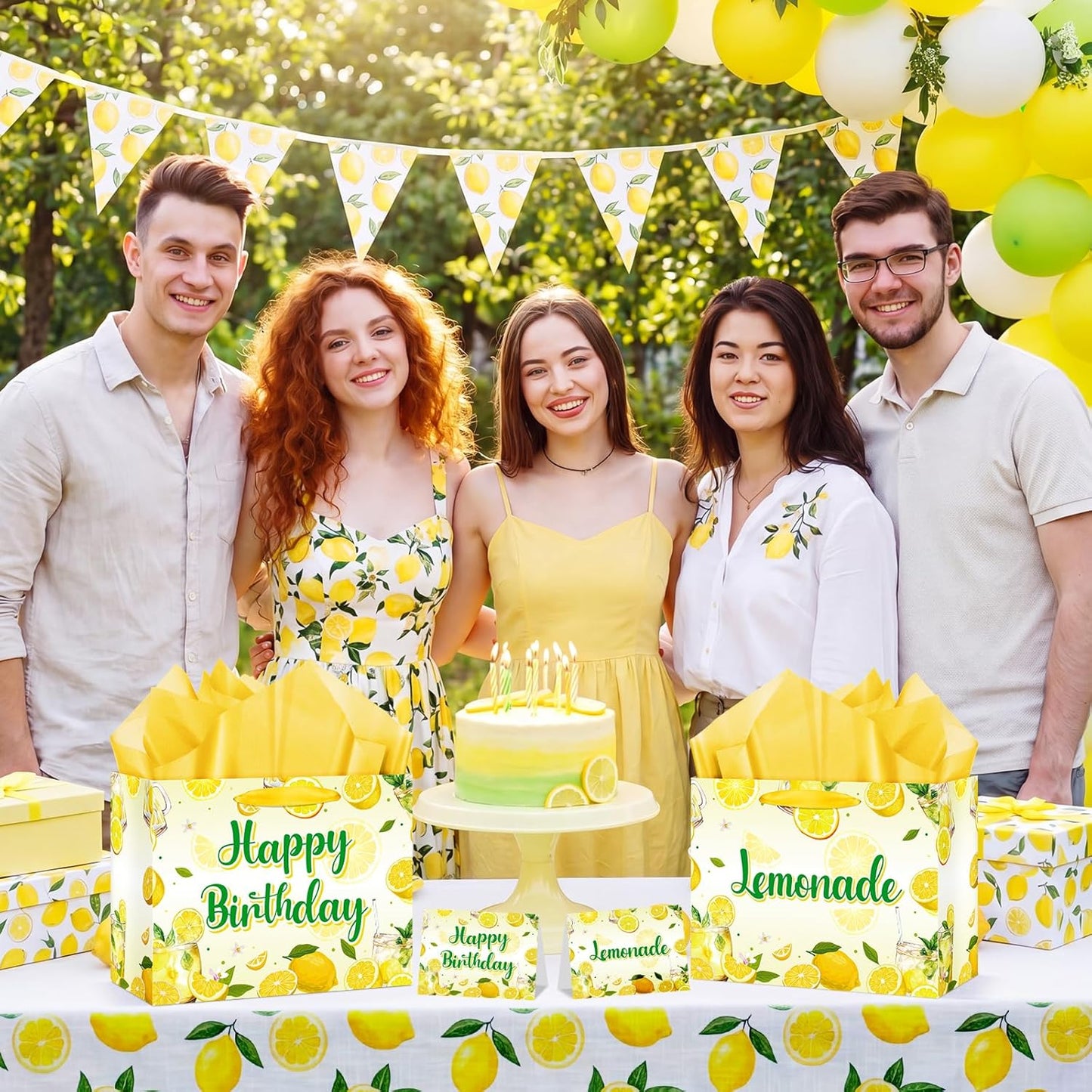 Lemon Happy Birthday Gift Bag Yellow Lemons Theme Party Wrapping with Tissue Paper and Card Decorations for Kids Adult Summer Fruit Birthday Baby Shower Lemonade Party Favors Gift Wrap Bag Supplies