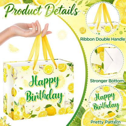 Lemon Happy Birthday Gift Bag Yellow Lemons Theme Party Wrapping with Tissue Paper and Card Decorations for Kids Adult Summer Fruit Birthday Baby Shower Lemonade Party Favors Gift Wrap Bag Supplies