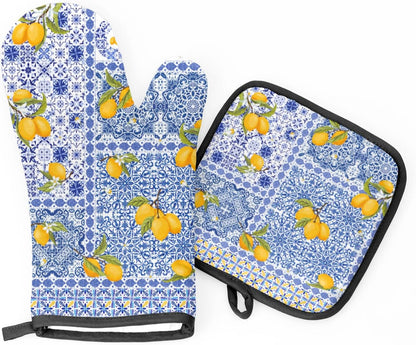 Oven Mitts and Pot Holders Sets, Heat Resistant Oven Gloves with Lemon Print, Mediterranean Style Kitchen Oven Mitts with Hanging Loop, Non-Slip, Machine Washable for Cooking, Baking, Grilling