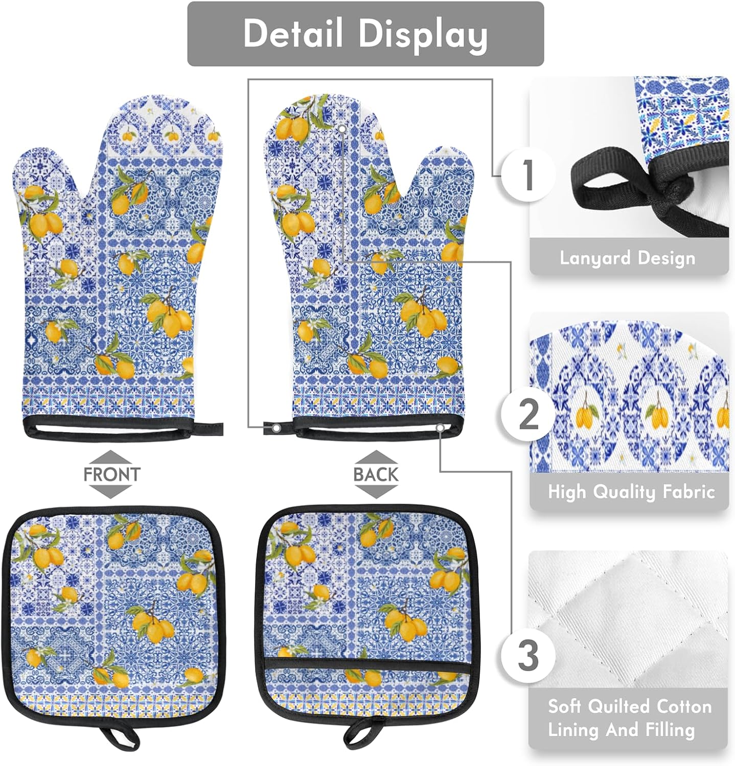 Oven Mitts and Pot Holders Sets, Heat Resistant Oven Gloves with Lemon Print, Mediterranean Style Kitchen Oven Mitts with Hanging Loop, Non-Slip, Machine Washable for Cooking, Baking, Grilling