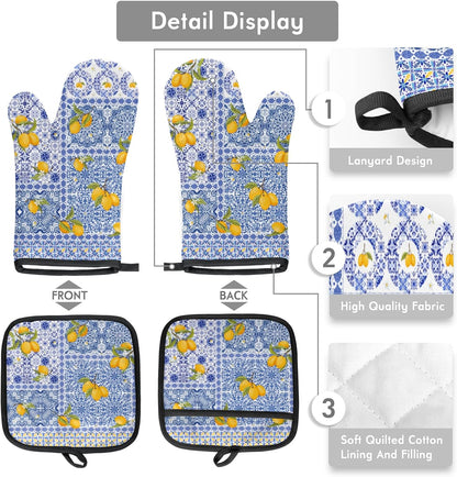 Oven Mitts and Pot Holders Sets, Heat Resistant Oven Gloves with Lemon Print, Mediterranean Style Kitchen Oven Mitts with Hanging Loop, Non-Slip, Machine Washable for Cooking, Baking, Grilling