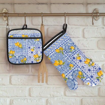 Oven Mitts and Pot Holders Sets, Heat Resistant Oven Gloves with Lemon Print, Mediterranean Style Kitchen Oven Mitts with Hanging Loop, Non-Slip, Machine Washable for Cooking, Baking, Grilling