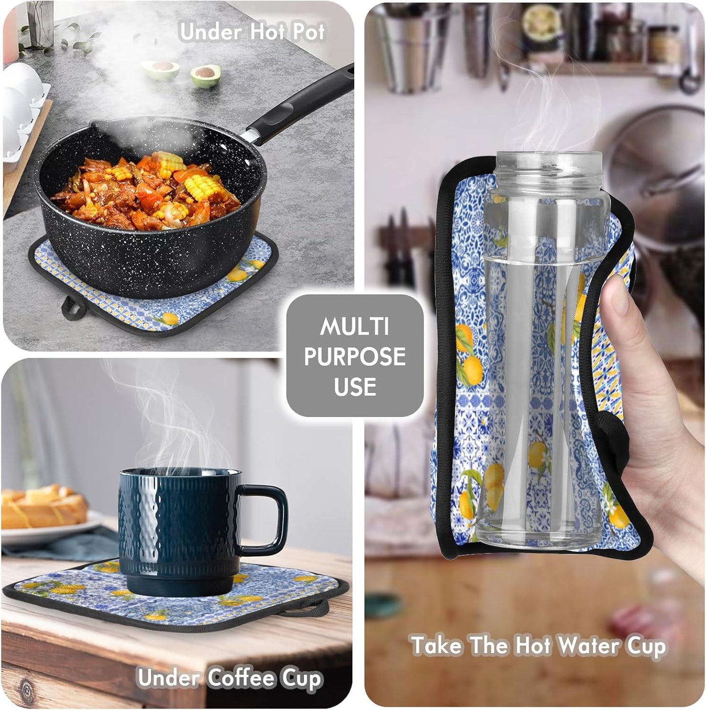Oven Mitts and Pot Holders Sets, Heat Resistant Oven Gloves with Lemon Print, Mediterranean Style Kitchen Oven Mitts with Hanging Loop, Non-Slip, Machine Washable for Cooking, Baking, Grilling