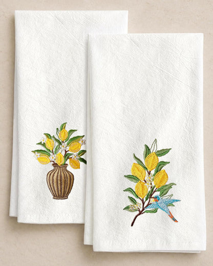 Embroidered Flour Sack Kitchen Towels - 100% Cotton 18"x26" Tea Hand Towel with Hanging Loop Set of 2 Decorative Dishcloth for Decor Housewarming Gift, Lemon