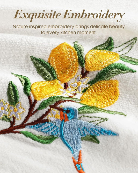 Embroidered Flour Sack Kitchen Towels - 100% Cotton 18"x26" Tea Hand Towel with Hanging Loop Set of 2 Decorative Dishcloth for Decor Housewarming Gift, Lemon