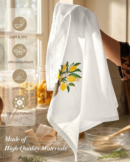 Embroidered Flour Sack Kitchen Towels - 100% Cotton 18"x26" Tea Hand Towel with Hanging Loop Set of 2 Decorative Dishcloth for Decor Housewarming Gift, Lemon