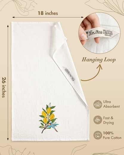 Embroidered Flour Sack Kitchen Towels - 100% Cotton 18"x26" Tea Hand Towel with Hanging Loop Set of 2 Decorative Dishcloth for Decor Housewarming Gift, Lemon