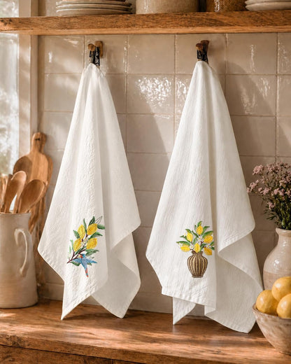 Embroidered Flour Sack Kitchen Towels - 100% Cotton 18"x26" Tea Hand Towel with Hanging Loop Set of 2 Decorative Dishcloth for Decor Housewarming Gift, Lemon