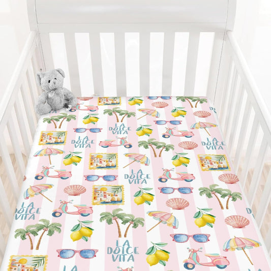 Summer Beach Baby Boys Girls Crib Sheets Coconut Palm Tree Lemon Sunglass Seashells Toddler Bedding Bed Sheets Italian Summer Coastal Fitted Crib Mattress Cover for Standard Crib Mattress 28x52 in