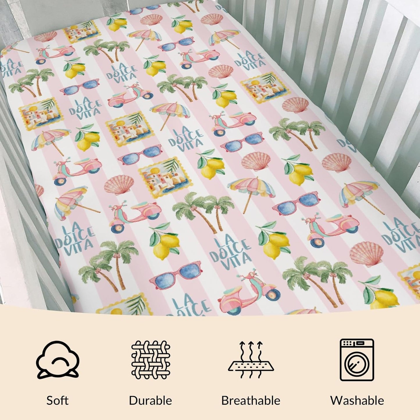Summer Beach Baby Boys Girls Crib Sheets Coconut Palm Tree Lemon Sunglass Seashells Toddler Bedding Bed Sheets Italian Summer Coastal Fitted Crib Mattress Cover for Standard Crib Mattress 28x52 in