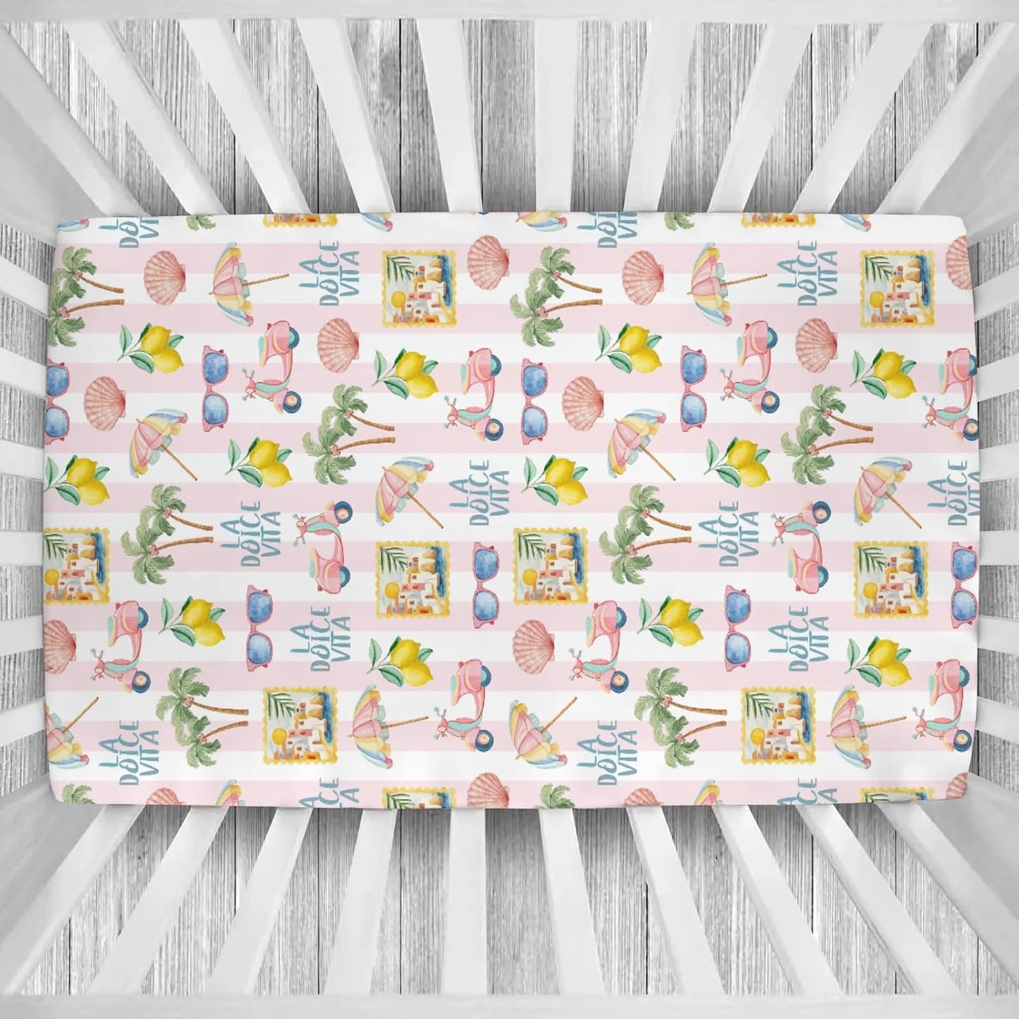 Summer Beach Baby Boys Girls Crib Sheets Coconut Palm Tree Lemon Sunglass Seashells Toddler Bedding Bed Sheets Italian Summer Coastal Fitted Crib Mattress Cover for Standard Crib Mattress 28x52 in