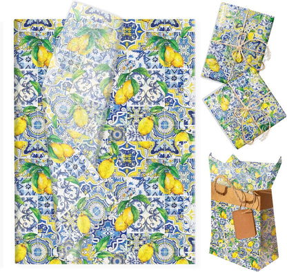50 Sheets Capri Lemon Tissue Wrapping Paper, Blue Mediterranean Tile Yellow Lemon Printed Gift Wrapping Paper, 14 x 20 Inch Summer Fruit Themed Tissue Paper for Birthday Party, Baby Shower, Wedding