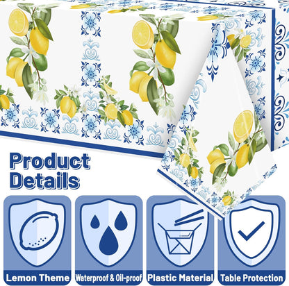 3-Pack Capri Lemon Table Cover Party Decoration Mediterranean Lemon Pattern Disposable Waterproof Decor Summer Spring Fruit Kid Birthday Dining Picnic Wedding
