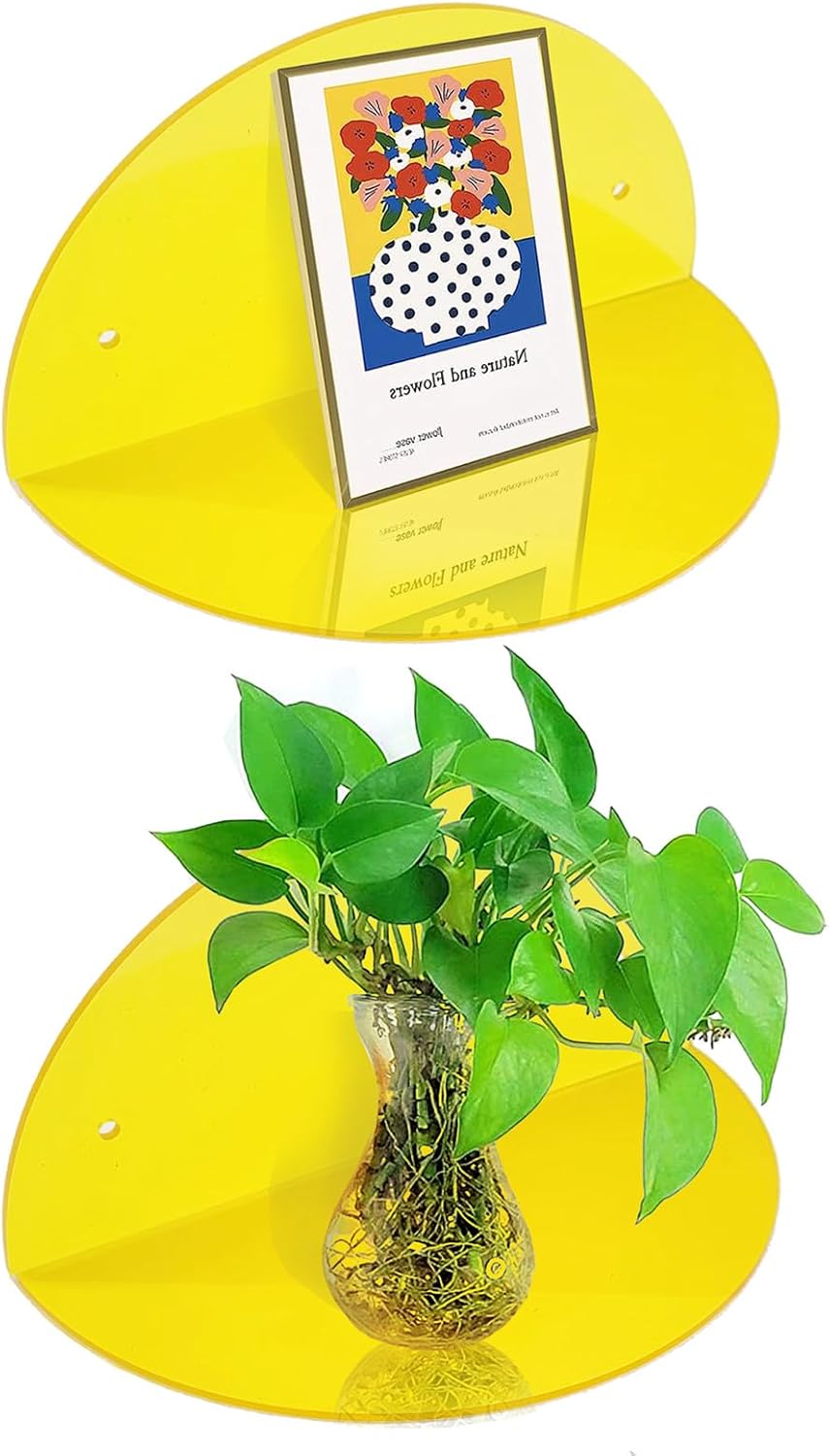 Small Acrylic Shelves Room Decor Floating Shelves (2-Pack, 8-inch Diameter) - Wall Mounted Display Stand for Plants, Toys, Makeup, and More - Ideal for Home and Office, Yellow