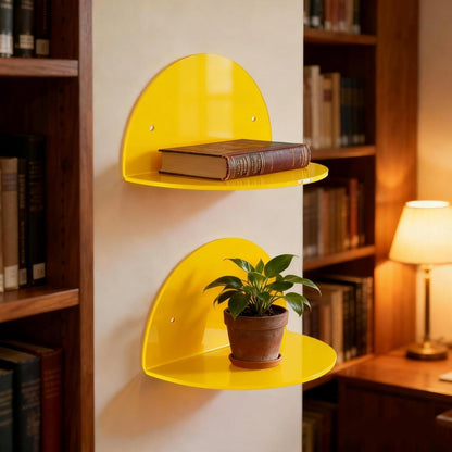 Small Acrylic Shelves Room Decor Floating Shelves (2-Pack, 8-inch Diameter) - Wall Mounted Display Stand for Plants, Toys, Makeup, and More - Ideal for Home and Office, Yellow
