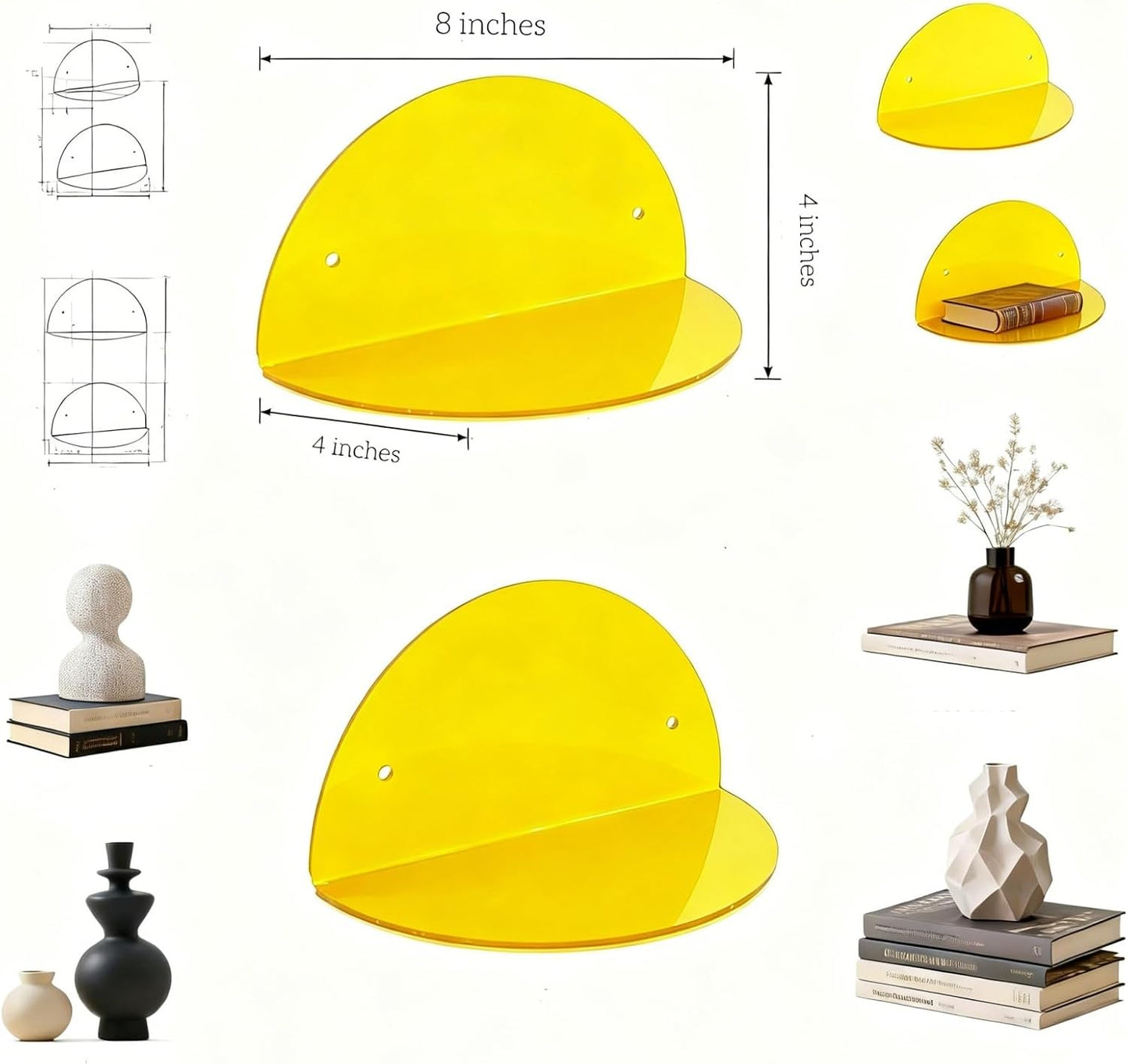 Small Acrylic Shelves Room Decor Floating Shelves (2-Pack, 8-inch Diameter) - Wall Mounted Display Stand for Plants, Toys, Makeup, and More - Ideal for Home and Office, Yellow