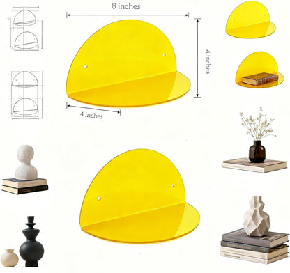 Small Acrylic Shelves Room Decor Floating Shelves (2-Pack, 8-inch Diameter) - Wall Mounted Display Stand for Plants, Toys, Makeup, and More - Ideal for Home and Office, Yellow