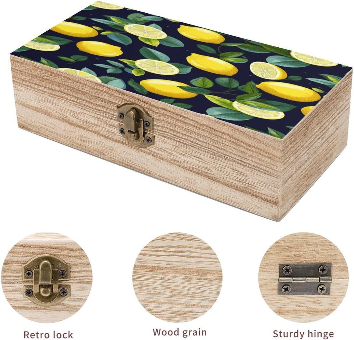 Lemon Fruit Wooden Keepsake Box Wooden Box with Hinged Lid Decorative Storage Boxes Unique Gift Ideas for Men & Women （Size 7.9" X 3.9" X 2.3"）
