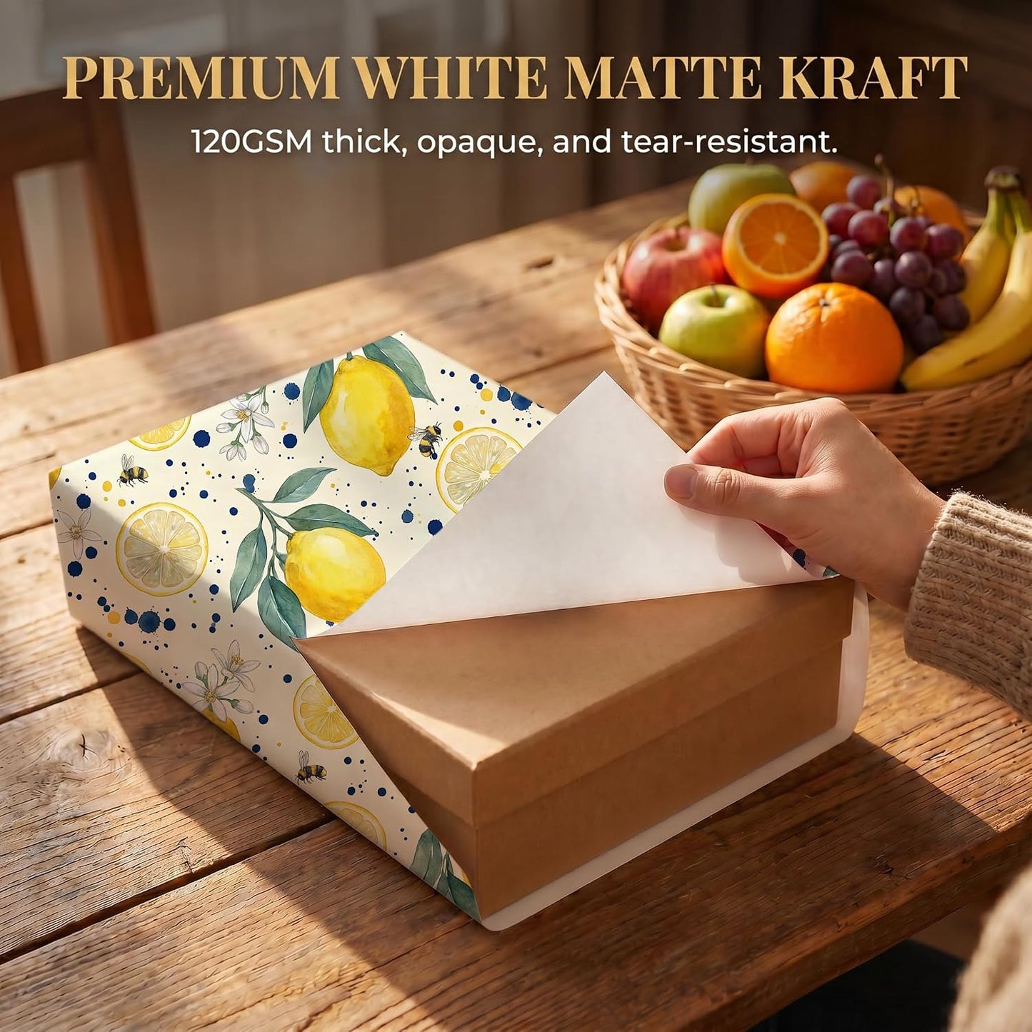Mediterranean Lemon Wrapping Paper, 19.6 x 27.5 in, 2 Sheets | 120gsm citrus tile paper for birthdays, weddings, bridal showers and Mediterranean style gifts
