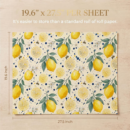 Mediterranean Lemon Wrapping Paper, 19.6 x 27.5 in, 2 Sheets | 120gsm citrus tile paper for birthdays, weddings, bridal showers and Mediterranean style gifts