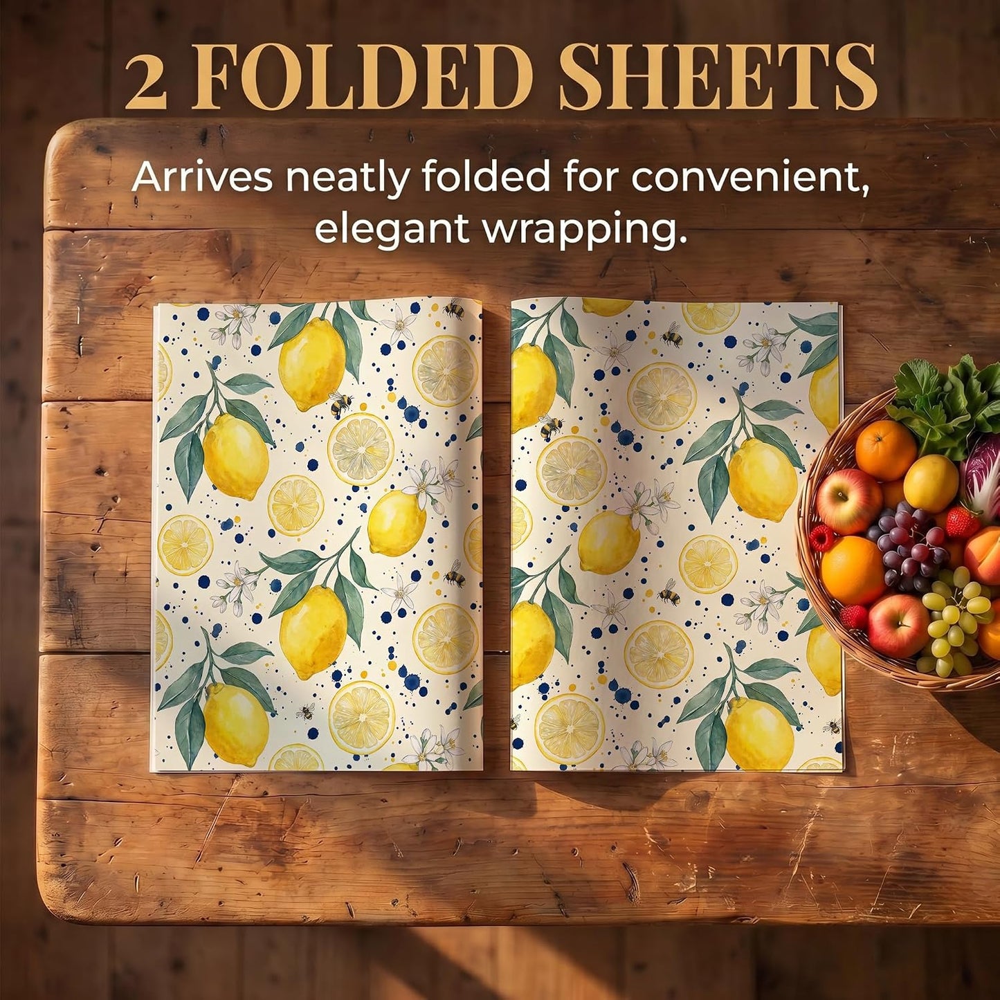 Mediterranean Lemon Wrapping Paper, 19.6 x 27.5 in, 2 Sheets | 120gsm citrus tile paper for birthdays, weddings, bridal showers and Mediterranean style gifts