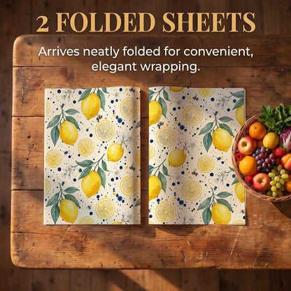 Mediterranean Lemon Wrapping Paper, 19.6 x 27.5 in, 2 Sheets | 120gsm citrus tile paper for birthdays, weddings, bridal showers and Mediterranean style gifts