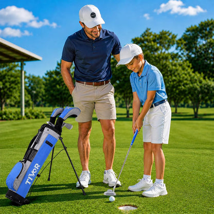 Kids Golf Clubs Set for Ages 9-12,Right Left Handed Youth Golf Clubs Set with 400cc Driver, Hybrid, 7 Iron, 9 Iron, Wedge, Putter, Stand Bag & 2 Headcovers,Junior Golf Clubs,Blue Yellow Pink