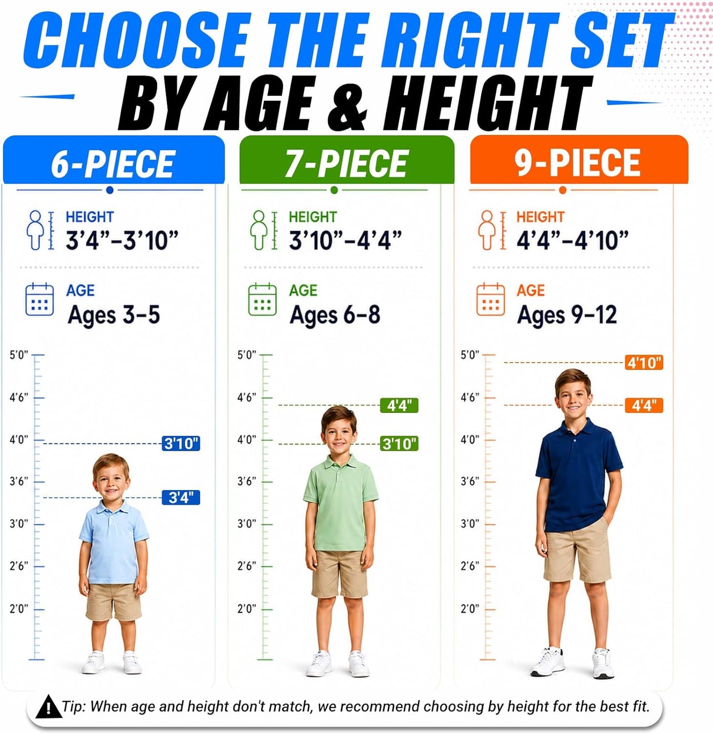 Kids Golf Clubs Set for Ages 9-12,Right Left Handed Youth Golf Clubs Set with 400cc Driver, Hybrid, 7 Iron, 9 Iron, Wedge, Putter, Stand Bag & 2 Headcovers,Junior Golf Clubs,Blue Yellow Pink