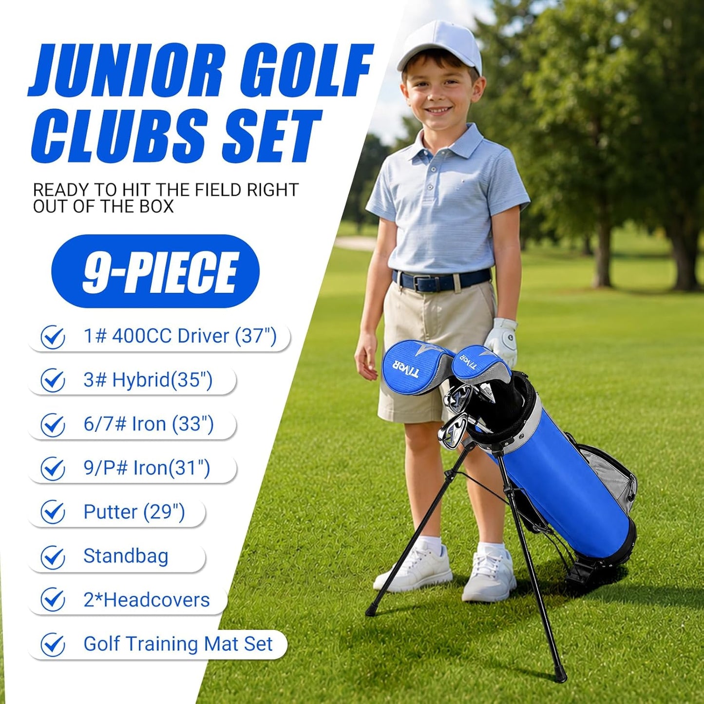 Kids Golf Clubs Set for Ages 9-12,Right Left Handed Youth Golf Clubs Set with 400cc Driver, Hybrid, 7 Iron, 9 Iron, Wedge, Putter, Stand Bag & 2 Headcovers,Junior Golf Clubs,Blue Yellow Pink