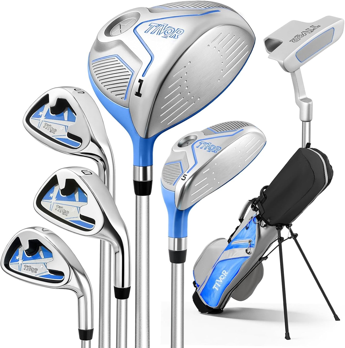 Kids Golf Clubs Set for Ages 9-12,Right Left Handed Youth Golf Clubs Set with 400cc Driver, Hybrid, 7 Iron, 9 Iron, Wedge, Putter, Stand Bag & 2 Headcovers,Junior Golf Clubs,Blue Yellow Pink