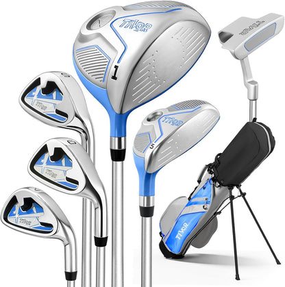 Kids Golf Clubs Set for Ages 9-12,Right Left Handed Youth Golf Clubs Set with 400cc Driver, Hybrid, 7 Iron, 9 Iron, Wedge, Putter, Stand Bag & 2 Headcovers,Junior Golf Clubs,Blue Yellow Pink