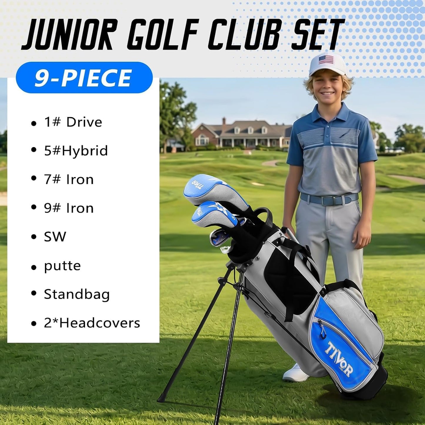 Kids Golf Clubs Set for Ages 9-12,Right Left Handed Youth Golf Clubs Set with 400cc Driver, Hybrid, 7 Iron, 9 Iron, Wedge, Putter, Stand Bag & 2 Headcovers,Junior Golf Clubs,Blue Yellow Pink