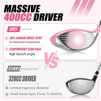 Kids Golf Clubs Set for Ages 9-12,Right Left Handed Youth Golf Clubs Set with 400cc Driver, Hybrid, 7 Iron, 9 Iron, Wedge, Putter, Stand Bag & 2 Headcovers,Junior Golf Clubs,Blue Yellow Pink