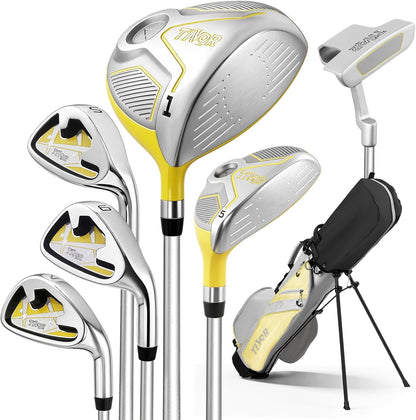 Kids Golf Clubs Set for Ages 9-12,Right Left Handed Youth Golf Clubs Set with 400cc Driver, Hybrid, 7 Iron, 9 Iron, Wedge, Putter, Stand Bag & 2 Headcovers,Junior Golf Clubs,Blue Yellow Pink