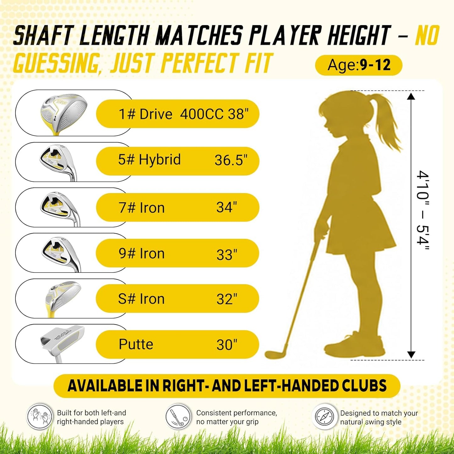 Kids Golf Clubs Set for Ages 9-12,Right Left Handed Youth Golf Clubs Set with 400cc Driver, Hybrid, 7 Iron, 9 Iron, Wedge, Putter, Stand Bag & 2 Headcovers,Junior Golf Clubs,Blue Yellow Pink
