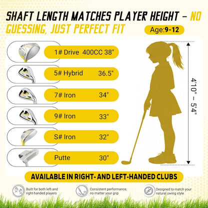 Kids Golf Clubs Set for Ages 9-12,Right Left Handed Youth Golf Clubs Set with 400cc Driver, Hybrid, 7 Iron, 9 Iron, Wedge, Putter, Stand Bag & 2 Headcovers,Junior Golf Clubs,Blue Yellow Pink