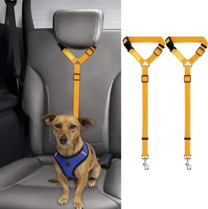 BWOGUE 2 Pack Dog Seat Belt for Car, Nylon Headrest Restraint, Yellow | Headrest Loop, 18-30 in Adjustable, 2-in-1 Seat Belt and Leash, Nylon Strap, 2 Pack for Dogs and Cats, Use with Dog Harness