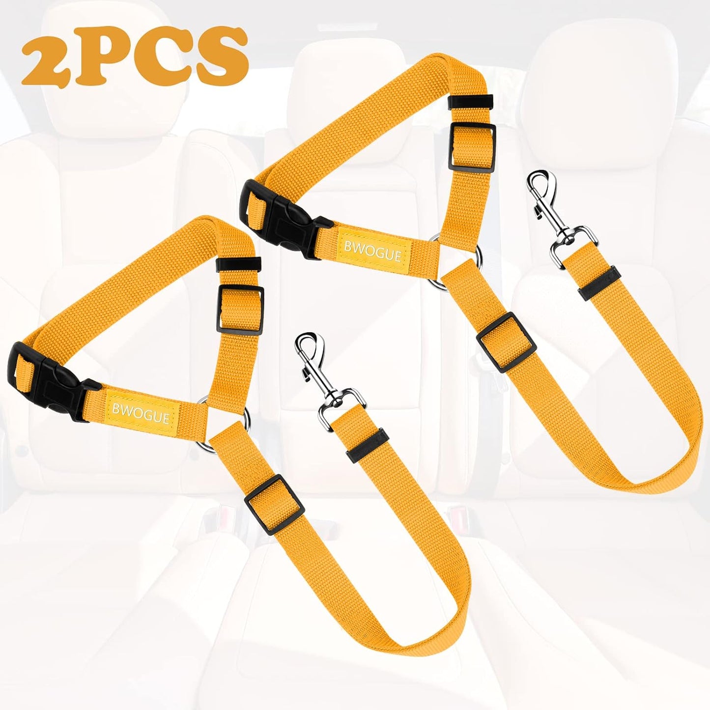 BWOGUE 2 Pack Dog Seat Belt for Car, Nylon Headrest Restraint, Yellow | Headrest Loop, 18-30 in Adjustable, 2-in-1 Seat Belt and Leash, Nylon Strap, 2 Pack for Dogs and Cats, Use with Dog Harness