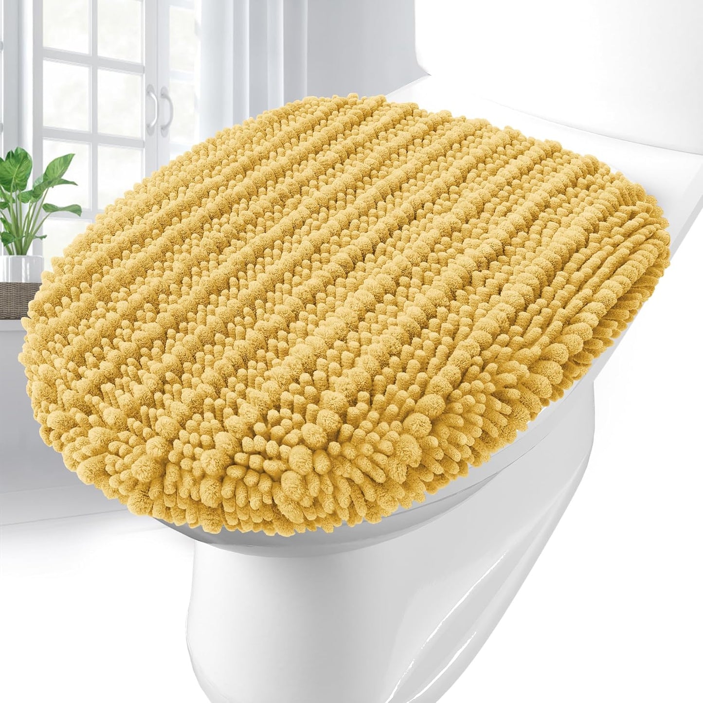Soft Chenille Bathroom Toilet Lid Cover 17.5x15, Machine Washable Seat Covers, Stays in Place Non-Slip Backing, Fits Most Round, Elongated and Oblong Lids, Accessories Decor, Yellow