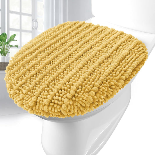Soft Chenille Bathroom Toilet Lid Cover 17.5x15, Machine Washable Seat Covers, Stays in Place Non-Slip Backing, Fits Most Round, Elongated and Oblong Lids, Accessories Decor, Yellow
