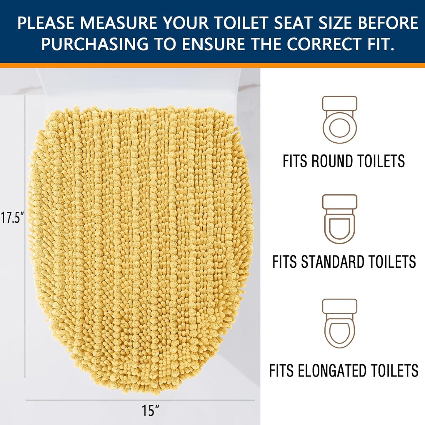 Soft Chenille Bathroom Toilet Lid Cover 17.5x15, Machine Washable Seat Covers, Stays in Place Non-Slip Backing, Fits Most Round, Elongated and Oblong Lids, Accessories Decor, Yellow