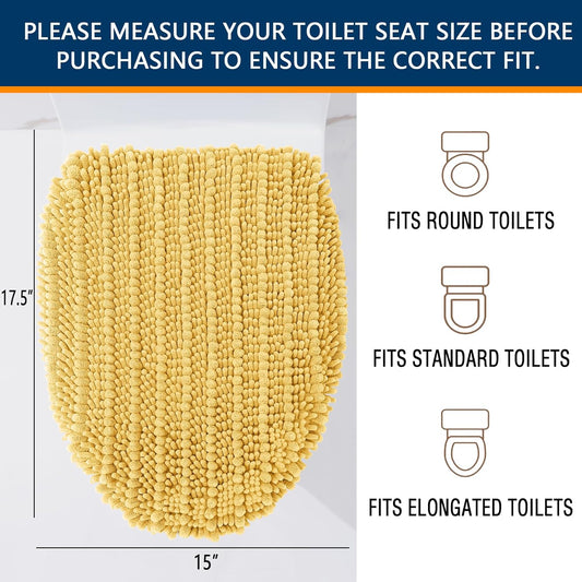 Soft Chenille Bathroom Toilet Lid Cover 17.5x15, Machine Washable Seat Covers, Stays in Place Non-Slip Backing, Fits Most Round, Elongated and Oblong Lids, Accessories Decor, Yellow