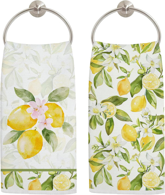 Farmhouse Lemon Kitchen Towels Set of 2, Rustic Cottagecore Yellow Lemon Hand Towels for Bathroom Decor, Citrus Fruit Decor Dish Tea Towels for Kitchen, 16x24 Inch