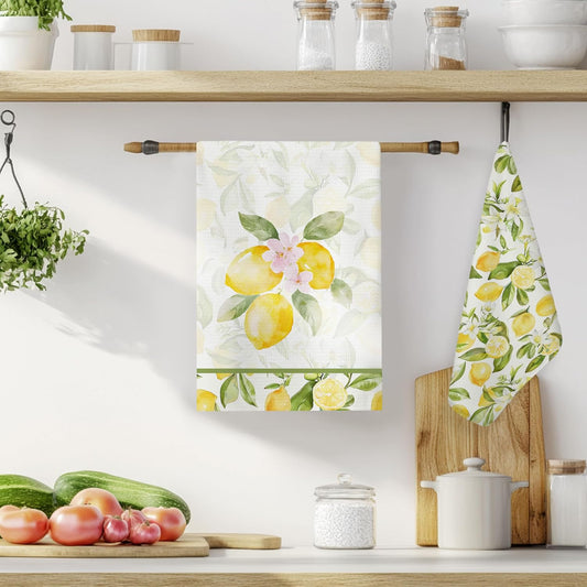 Farmhouse Lemon Kitchen Towels Set of 2, Rustic Cottagecore Yellow Lemon Hand Towels for Bathroom Decor, Citrus Fruit Decor Dish Tea Towels for Kitchen, 16x24 Inch