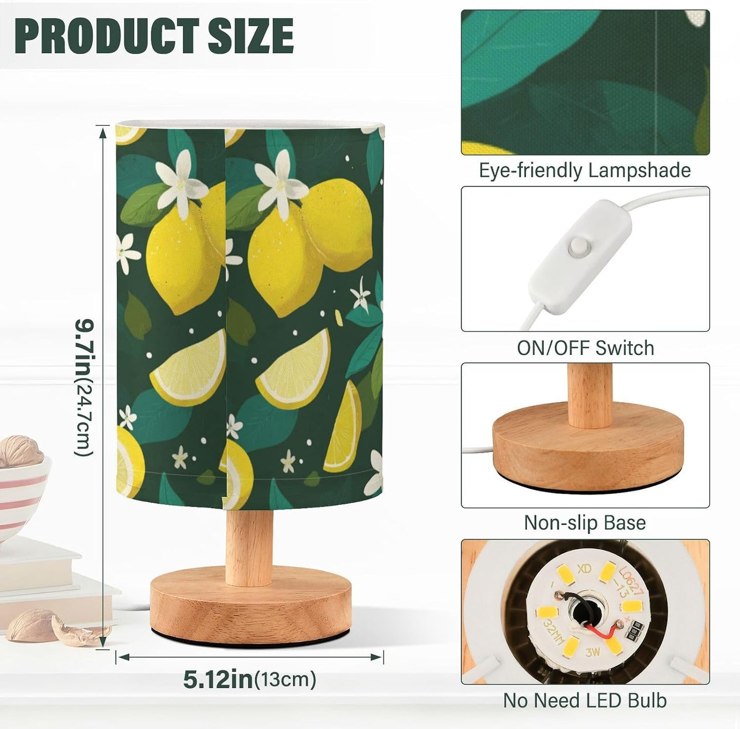 Bedside Table Lamp Lemon Yellow Citrus Fruits (86) Kids Nightstand Lamp Night Light Fabric Shade for Bedroom Living Room Home Office