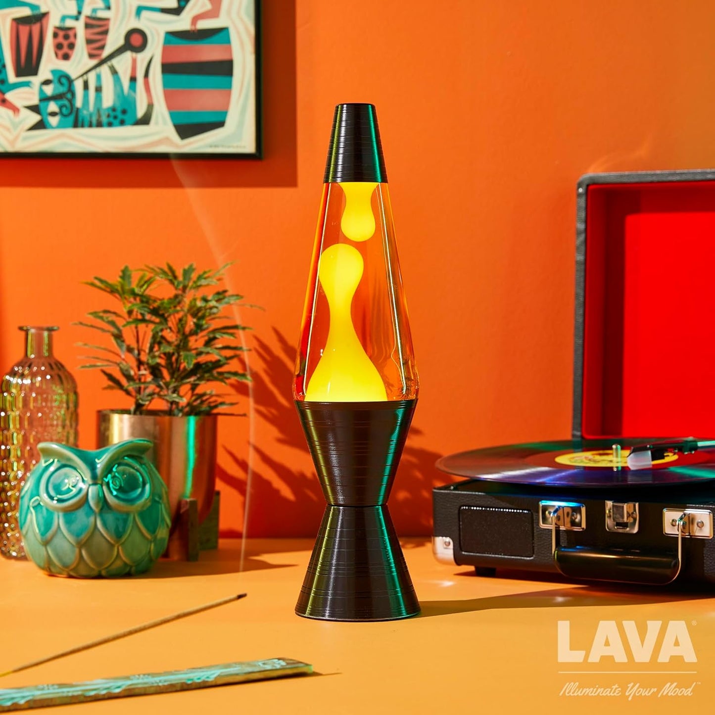 ® Lamp - 14.5'' Vinyl Record Grooved Base - The Original Motion Light - Yellow Wax and Orange Liquid - Item #2017