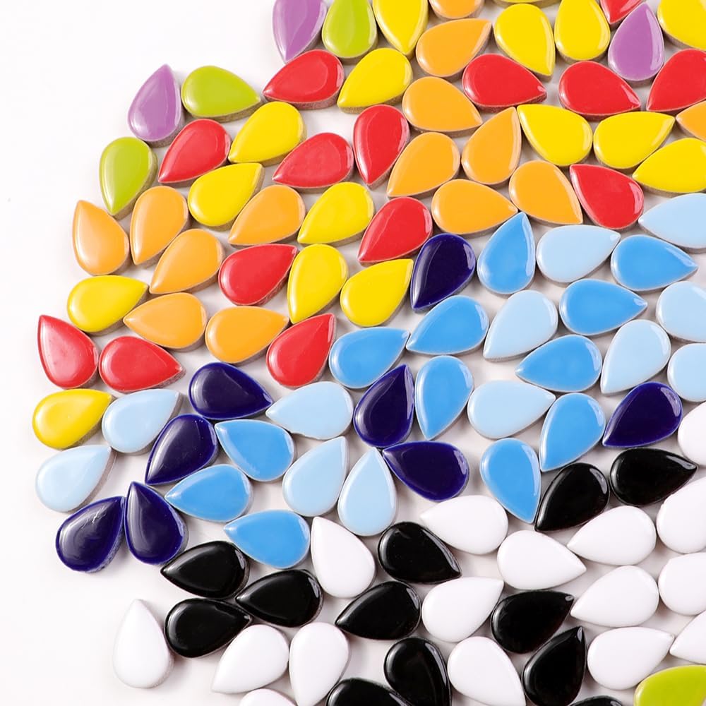 200g Ceramic Teardrop Mosaic Tiles, Green Yellow Blue Red Purple White Black Small Raindrop Petal Mosaics Ceramic Pieces for DIY Hobbies Mosaic Crafts Art Works & Deco (TD100)